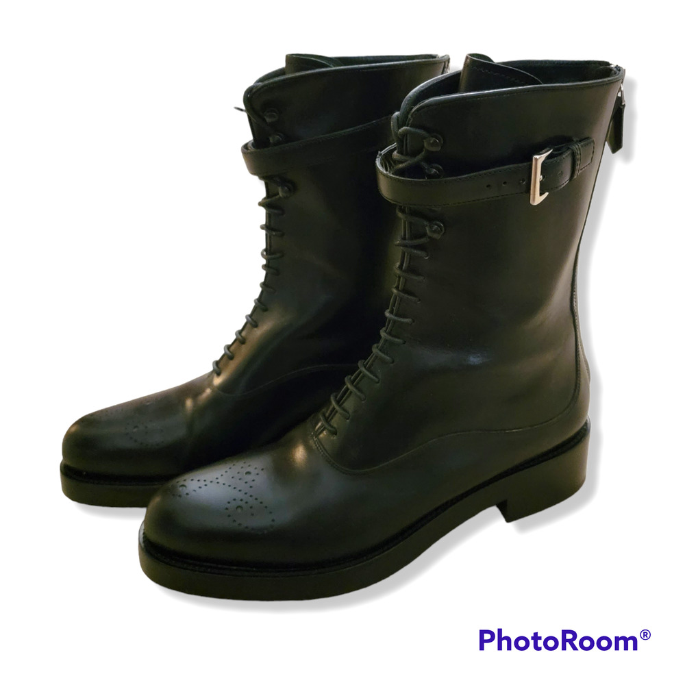Prada Combat Boots Leather Brogue Lace Up Black Buckle Heeled 39